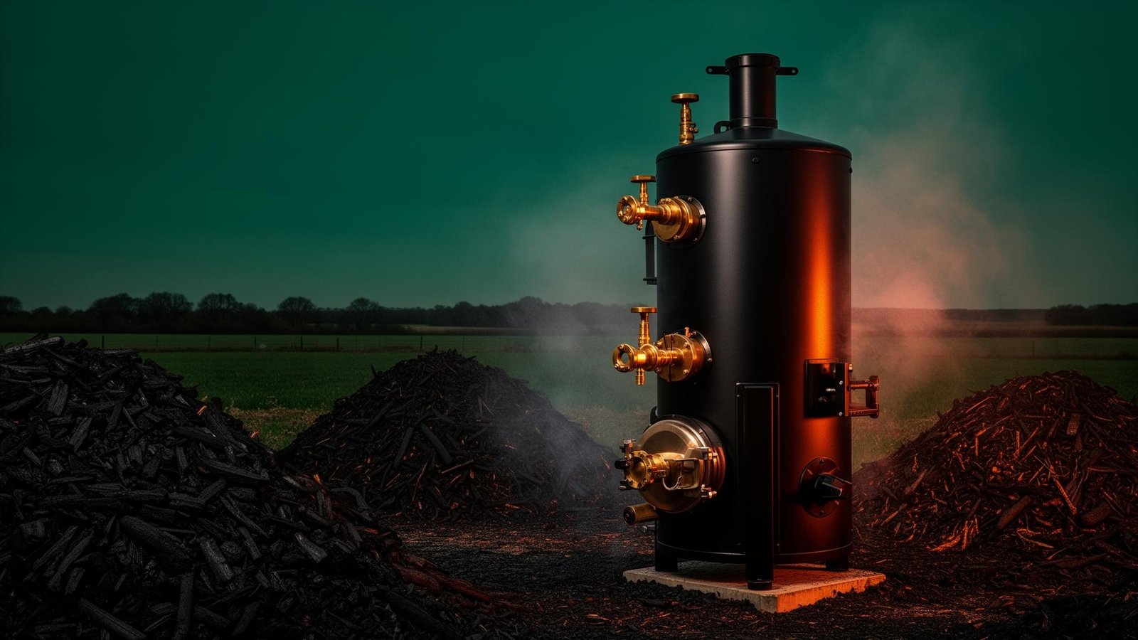 Industrial biochar pyrolysis reactor unit on a commercial farm at dusk