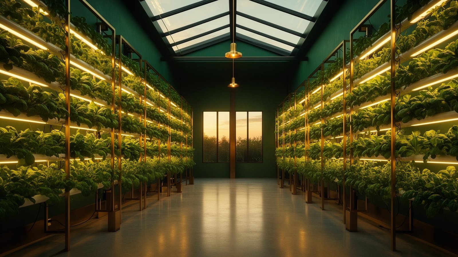 Luxury commercial hydroponic farm with vertical NFT channels and brass-framed grow systems